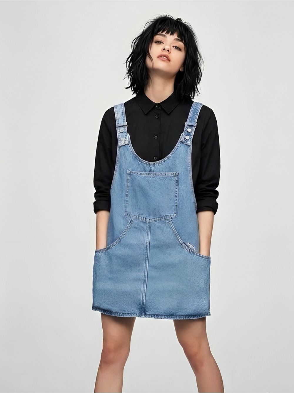 Casual Denim Pinafore Dress in Light Blue